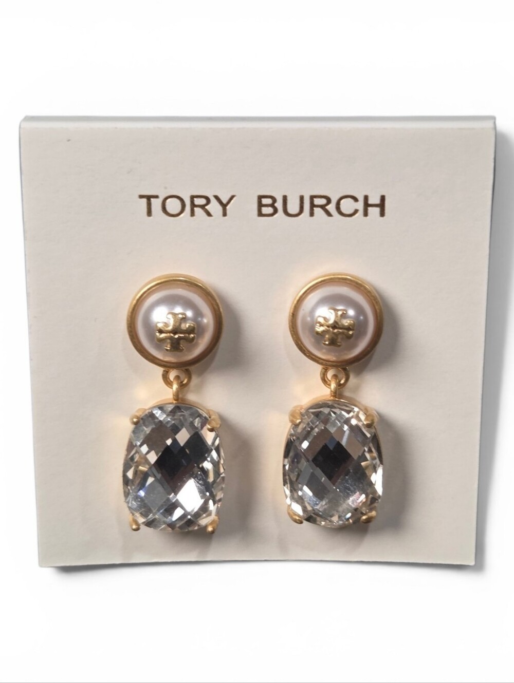 Tory Burch Gold Pearl and Clear Crystal Drop Earrings With Dustbag